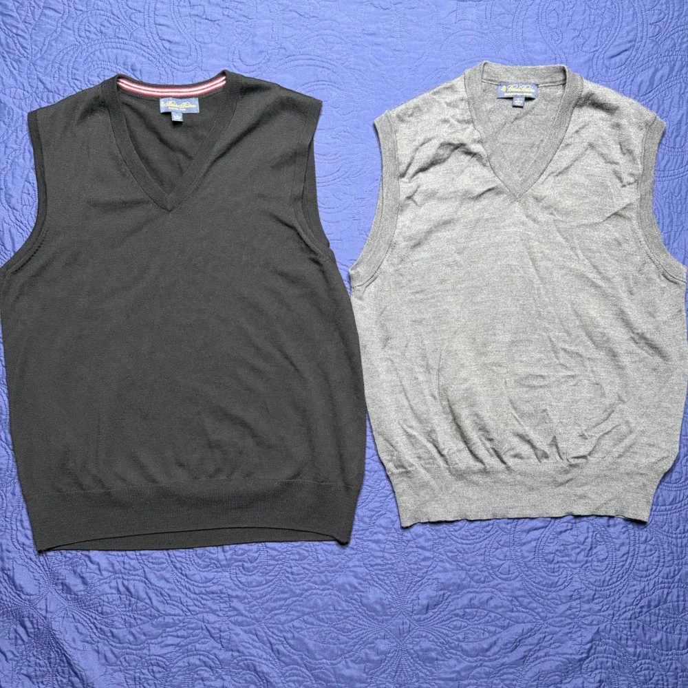 Brooks Brothers Mens Merino Wool V-Neck Sweater Vest Lot Black Gray Large 2pc